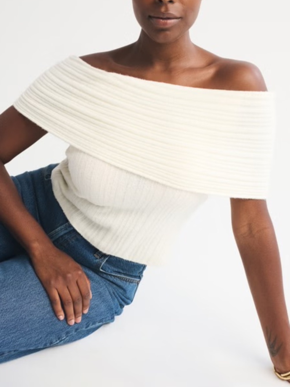 NEW Abercrombie &Fitch Ribbed Foldover Off-The-Shoulder Sweater Top Womens Large